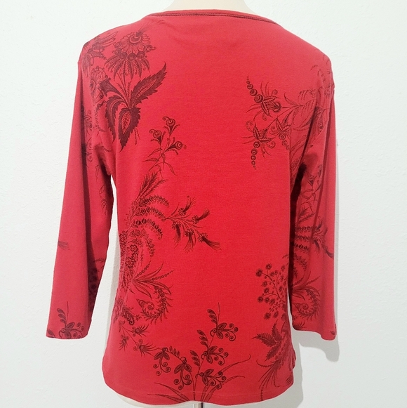 Jess & Jane Laceworks Red Floral Print 3/4 Sleeve Top Women’s Medium USA Cotton - Picture 4 of 11